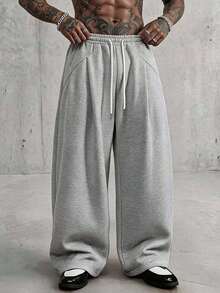 AXEPEAK Men's Solid Color Drawstring Waist Wide Leg Loose Casual Sweatpants - Grey - View 8