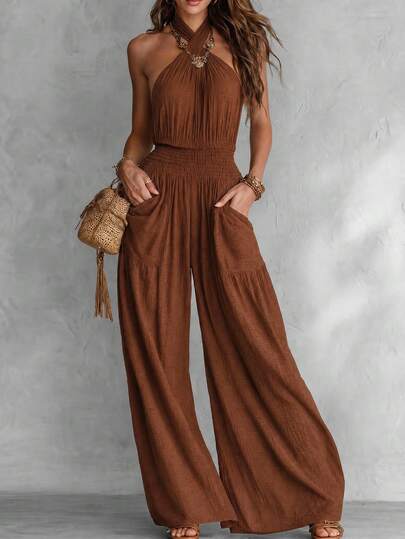 LUMIGAL Women's Solid Color Pleated Casual Daily Wear Wide Leg Jumpsuit
