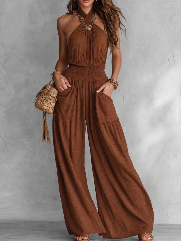 Hotletica Women's Solid Color Pleated Casual Daily Wear Wide Leg Jumpsuit