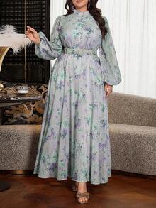 Modelyn 大码女式印花褶皱腰身优雅派对连衣裙 - 藍色 - 查看 6