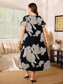 Lacomfia Plus Size Women's Chiffon Printed Double Layer A-Line Casual Dress - Black - View 2