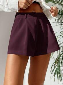 SHEIN PETITE 女款純色百搭口袋鈕扣商務辦公短褲 - 酒紅色 - 查看 5