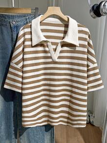 Comfortcana White Pattern Polo Collar Plus Size Short Sleeve T-Shirt Suitable For Summer Wear Back-To-School 90s Teacher Graduation Bussines Casual 1920s - Brown - View 6