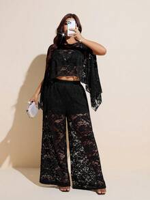 Viva Relle Plus Size Long Lace Shawl Elegant 2 Pieces Set Fall - Black - View 1