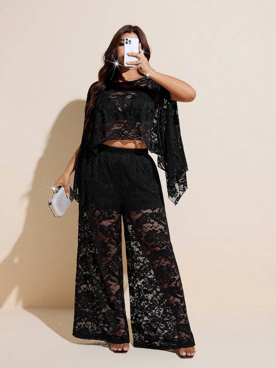 Viva Relle Plus Size Long Lace Shawl Elegant 2 Pieces Set Fall - Black - View 1