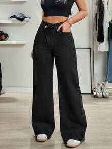 SHEIN Tall 女款高個子休閒百搭設計高腰直筒牛仔褲 - 黑色 - 查看 4