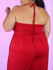 Pretty and Ole Plus Size New Spring/Summer Sexy Black Fitted High-Waisted Cold-Shoulder Jumpsuit, Casual & Slimming - Burgundy - View 4