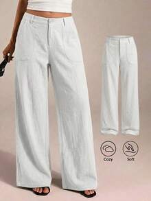 SHEIN PETITE CURVE 大码休闲纯色直筒裤 - 白色 - 查看 8
