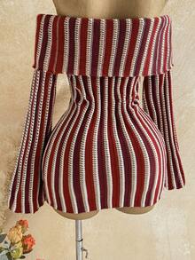 Soleia Colorblock Striped Off-Shoulder Bell Sleeve Mini Knit Dress - Multicolor - View 6