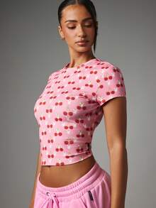 Missguided x Playboy Bunny Cherry All Over Print Crop Slim Fit Tee Short Sleeve Crew Neck Casual Y2k Cute Summer Top Going Out Pink And White - Multicolor - View 4