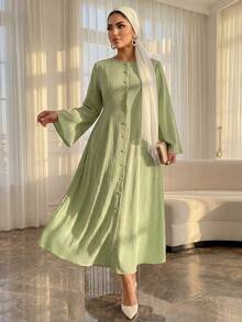 SHEIN Lady CURVE 春秋新款优雅休闲通勤日常旅行度假喇叭袖纽扣前襟喇叭下摆复古腰A字浪漫日常通勤办公室工作波西米亚风连衣裙 - 薄荷綠 - 查看 6