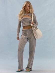 MUSERA Conjunto de Três Peças com Top Regata, Cardigan Curto de Manga Longa com Recorte e Calça, Detalhe de Estampa Listrada, Casual de Verão, Estilo Feminino Y2K, Macio, Social - Cinza - Visão 5