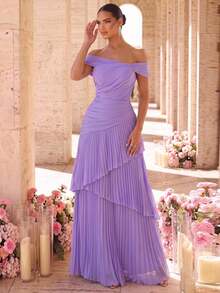Glamrae Elegant Formal Princess Luxurious Glossy Organza Satin Pleated Off-Shoulder Mermaid A-Line Dress Suitable For Wedding Prom Vow Bachelor Party - Mauve Purple - View 8