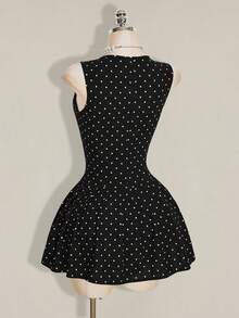 SHEIN ICON 女款夏季休閒復古可愛黑白波點印花無袖迷你洋裝，適合派對、夜出與日常穿著 - 黑色 - 查看 9