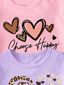 (Patrón aleatorio, 2 sets aleatorios) Conjunto de camiseta corta básica y pantalones cortos para niñas, diseño creativo fresco de verano con estampado floral colorido, corazón hueco y estampado de leopardo, cómodo para uso diario - Multicolor - Ver 4