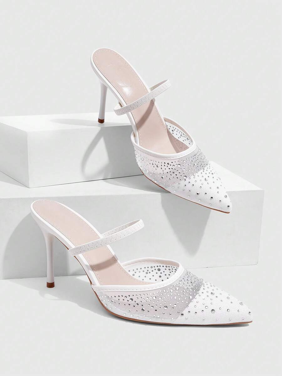 CUCCOO SZL Women Shoes Line Mesh Hot Diamond Pointed Toe Thin Heel Back Tripple Strap Sandals Light Ripe Fairy Style Spring And Summer Models Suitable For Wedding - White A - View 1