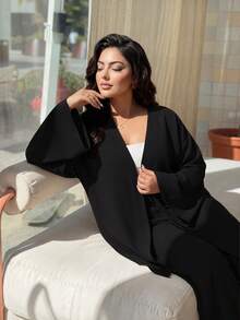 SHEIN Lady CURVE 大尺碼女款兩件套，優雅休閒修身長袖前綁帶上衣與高腰長褲，秋季休閒居家服，黑色度假風 - 黑色 - 查看 5