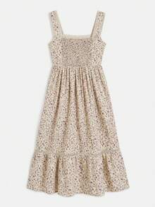 lacRébo Floral Print Short Cap Sleeves Square Neck Loose Fit Midi Dress With Lace Detail Summer Holiday Boho - Apricot - View 8