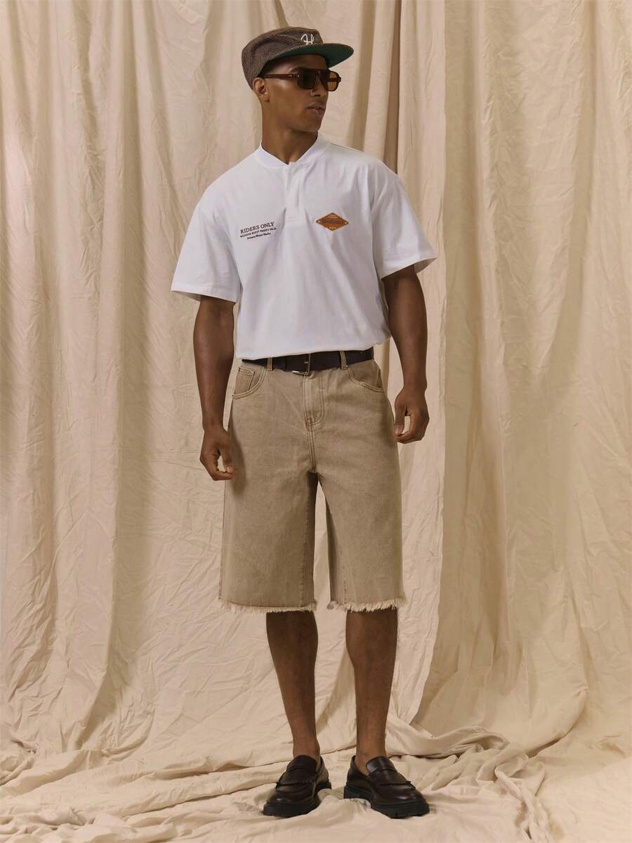 Musero Relaxed Fit Short Sleeve Tshirt Crew Neck Button Detail Center Front Placket Spring Summer Essentials - White - View 1
