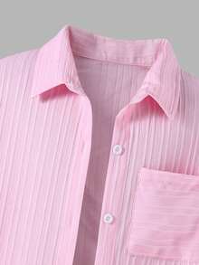 Regreso a la Escuela 3 Piezas Camisa con Botones y Cuello para Adolescentes en Rosa Sólido, Top Corto de Tirantes & Pantalones Largos - Rosa - Ver 4