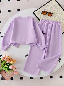 Genkimix Kids Girls' Contrast Color Webbing Bowknot Exquisite Design Pearl Round Neck Sweatshirt With Pockets Straight Leg Pants Set, Autumn School Baby Birthday - Purple - View 2
