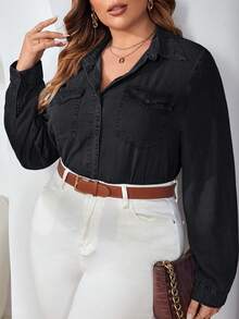 EMERY ROSE Camisa de Mezclilla de Manga Larga con Botones Delanteros, Bolsillo con Solapa y unicolor Minimalista Talla Grande - Negro - Ver 1