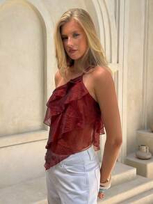 Aloruh Spring/Summer New Elegant Rave Romantic Date Vacation Valentine's Day Wedding Season Rust Chiffon One-Shoulder Backless Multi-Layer Ruffle Blouse - Burgundy - View 7