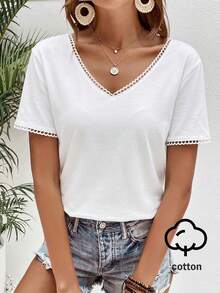 SHEIN Frenchy 95%白色棉彈力纖維女款V領基礎款T恤，適合春夏穿著 - 白色 - 查看 2