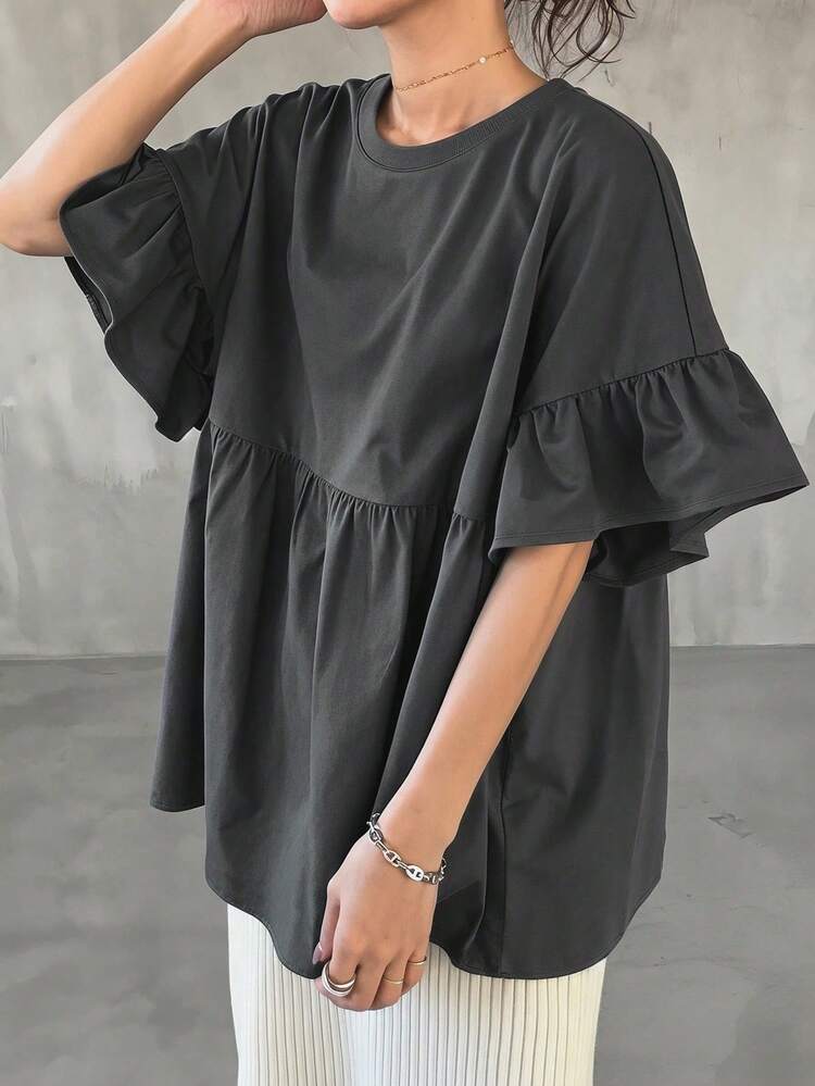 FRIFUL Camiseta de mujer de cuello redondo con mangas con volantes, versátil y de moda para el verano - Gris - Añade 5