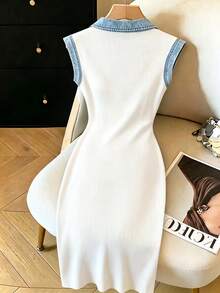 SHEIN Clasi Women White Ribbed Knit Bodycon Midi Dress, Denim Effect Print Contrast Polo Collar Sleeveless Design, Elegant Casual Summer Outfit For Date Night Party Commute Vacation Wear - Multicolor - View 2