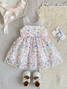 SHEIN Glamorique Kids 女嬰無袖洋裝，蕾絲面料搭配彩色碎花印花，背面可拆卸粉色緞面蝴蝶結，適合生日派對、家庭聚會、拍照、日常度假、婚禮、畢業舞會，夏季短洋裝 - 米色 - 查看 7