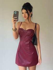 Aloruh Women's Spaghetti Strap Sweetheart Neckline Fitted Burgundy PU Mini Dress - Burgundy - View 3