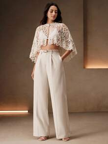 Anewsta Elegant Round Neck Hollow-Out Water-Soluble Crochet & Knit Cape 2 Pieces Women's Top - Apricot - View 6
