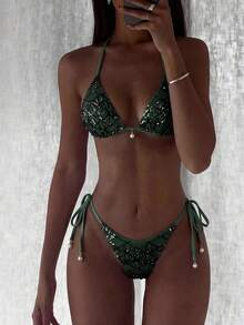 Costavie Swim Basics 2-Piece Spring/Summer Beach Vacation Sequin Textured Fabric Pearl Decor Halter Triangle Bikini Top And Side Tie Bikini Bottom Sexy Bikini Set - Army Green - View 1