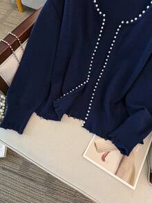 GlowEve CURVE Plus Size Elegant Beaded Round Neck Long Sleeve Cardigan - Navy Blue - View 5