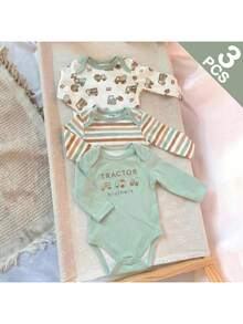 SHEIN Conjunto de 3 piezas de mameluco de manga larga con patrón de dibujos animados de punto casual y lindo para bebé recién nacida, ropa de casa - Verde - Ver 1
