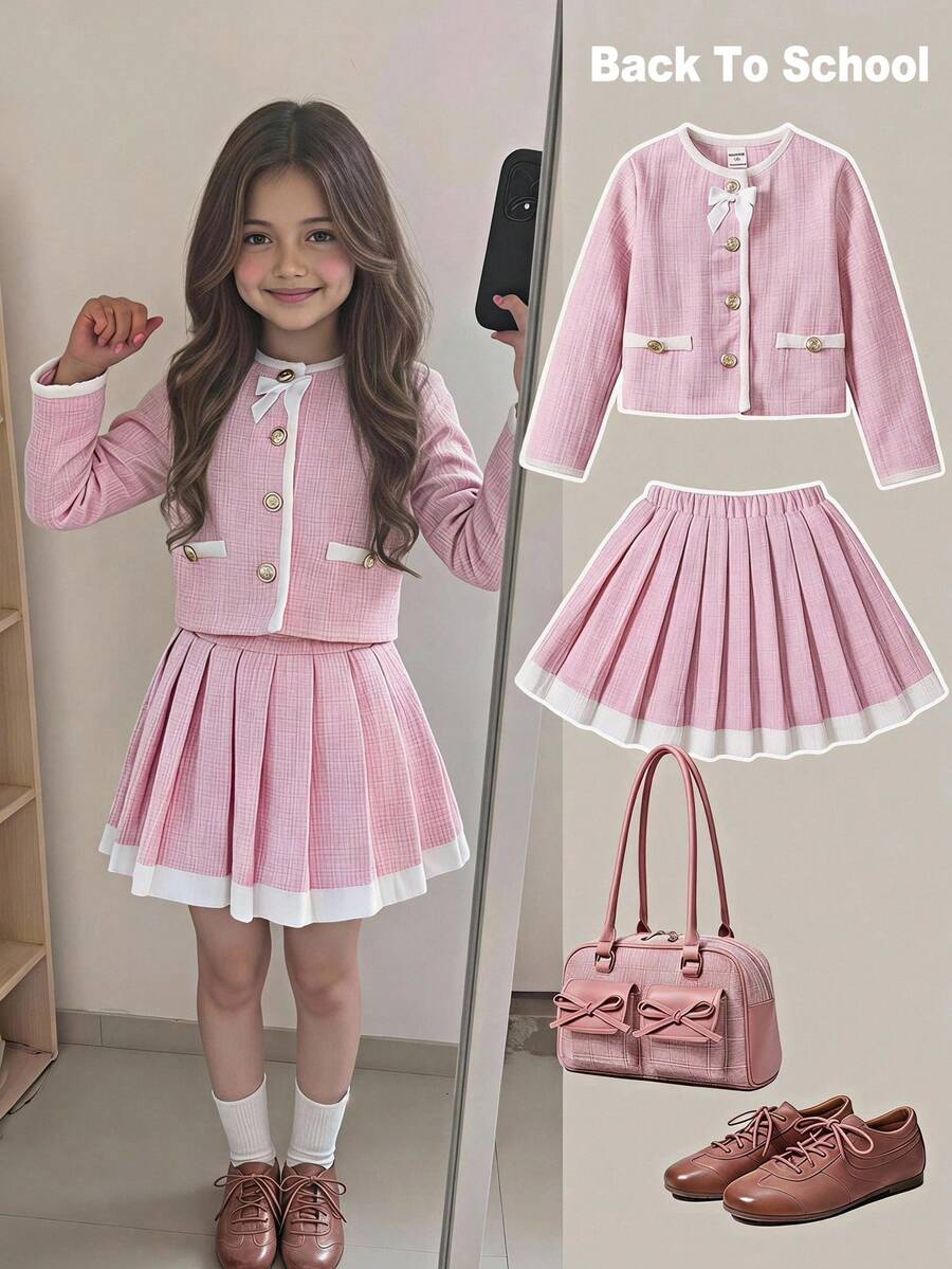 SHEIN X GALILEA Young Girl Young Girls Elegant Commute Round Neck Colorblock Bow Jacket And Skirt Set