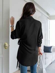 DAZY Tie Side Drop Shoulder Shirt,Fall Clothes Preppy Tops Long Sleeve Top - Black - View 2