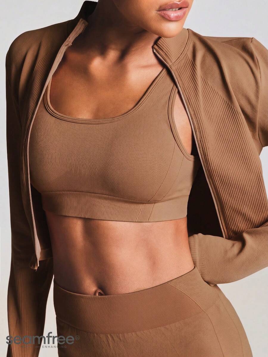 11SKNDS Seamfree Ribbed Seamless Scoop Neck Sports Bra With Padded Support And Wide Underband Active Crop Top - Mocha Brown - View 1