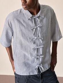 ROMWE MEN Essentials Men's Solid Color Casual Daily Tie Short Sleeve Shirt, Summer - Black and White - View 5