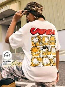 GARFIELD | SHEIN Women's Casual Streetwear Y2k Loose Fit Round Neck Drop Shoulder T-Shirt, Back-To-School School Beige Summer - White - View 9