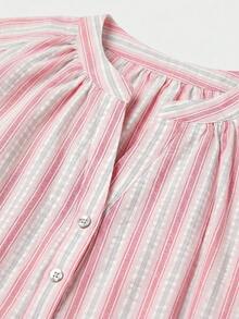 lacRébo 花卉刺繡條紋前開扣長袖襯衫 寬鬆版型 夏季度假 辦公通勤 - 彩色 - 查看 10
