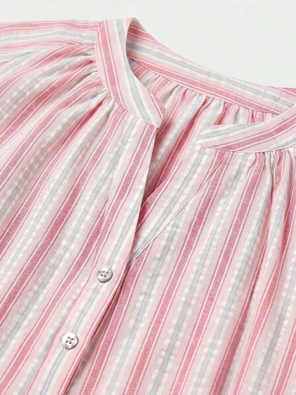 Floral Embroidered Striped Button Front Long Sleeve Blouse Loose Fit Summer Vacation Office Work Relaxed