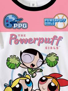 THE POWERPUFF GIRLS X SHEIN 少女卡通圖案條紋印花拼色圓領短袖T恤 - 白色 - 查看 3