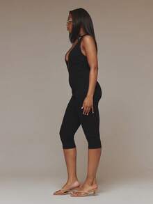 MUSERA Black Plunge V Neck Capri Jumpsuit Summer Fall Winter Day Womens Outfit Night Out Club Sexy - Black - View 4