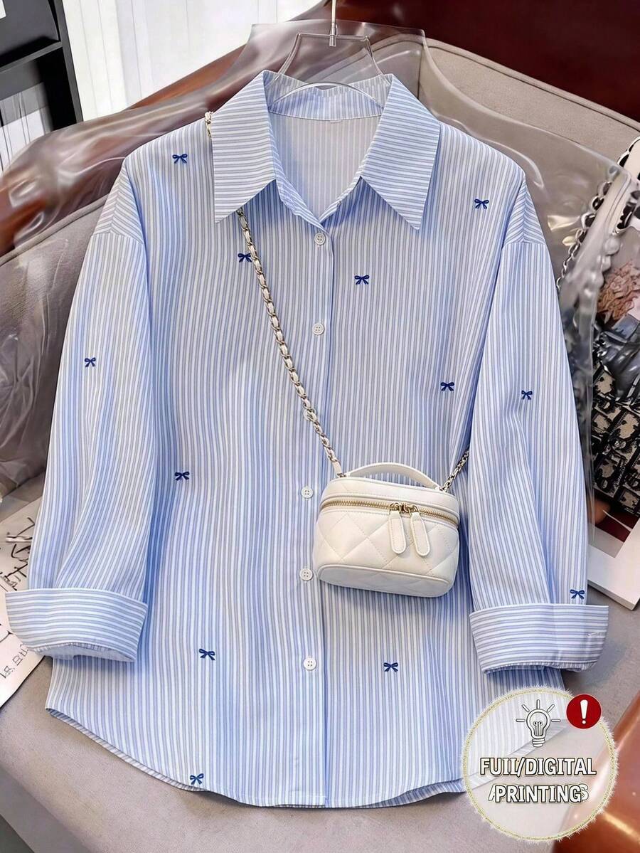 SHEIN 青少年女孩藍白條紋蝴蝶結印花長袖休閒襯衫 - 藍色 - 查看 1