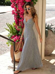 SHEIN PariChic Sommerliches blau-weißes Gingham-Kleid mit Spaghettiträgern, hoher Taille und Schlitz, französischer Retro-Stil Strandmaxi-Kleid - Blau - Übersicht 4