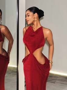 BamGleam Women's Solid Color Cowl Neck Waist Cutout Sexy Sleeveless Dress - Burgundy - View 7