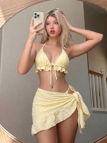 Swim Mod 3-Piece Textured Halter Bikini Set With Ruffle Cover Up Skirt - Pale Yellow - View 1