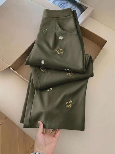 Modelyn Pantalones largos casuales y versátiles para mujer para uso diario y viajes con patrón de bordado floral y bolsillos